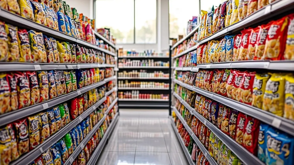 Snack aisle shelves stocked with chips and drinks inside a convenience store