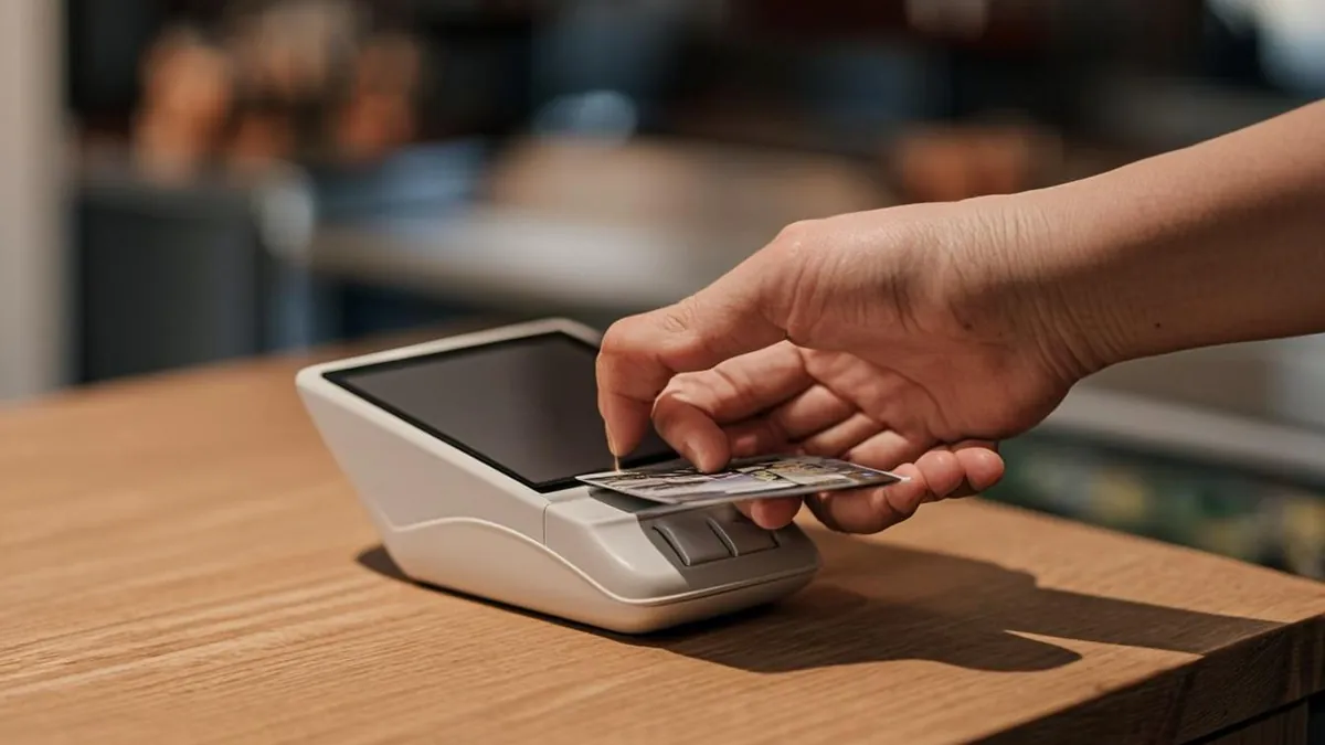 Shopper tapping an EBT card on a payment terminal at checkout