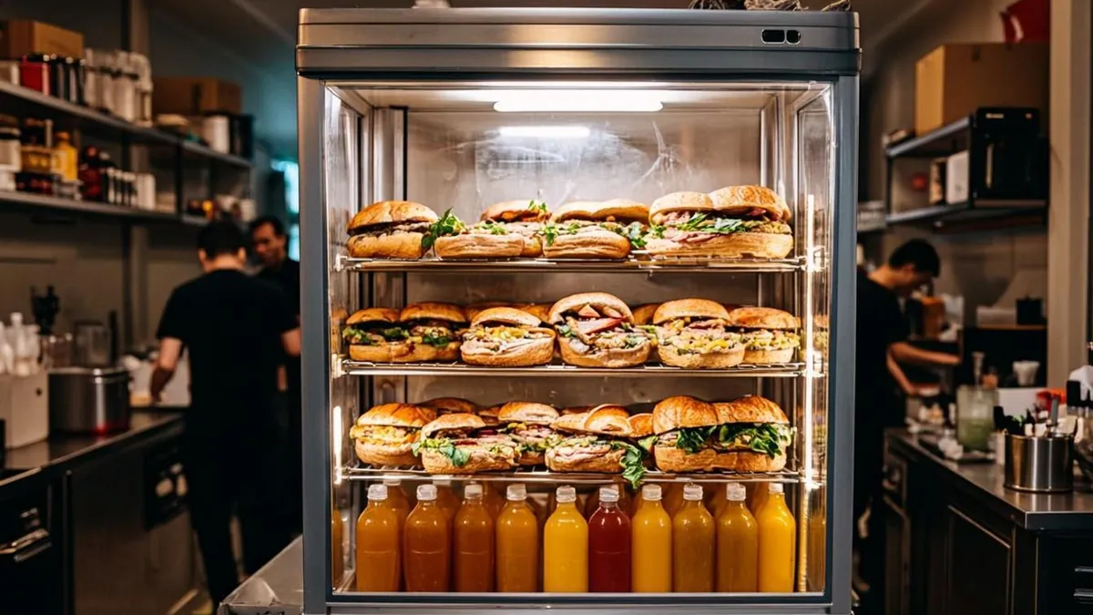 Deli cooler with wrapped sandwiches and drinks inside a convenience store