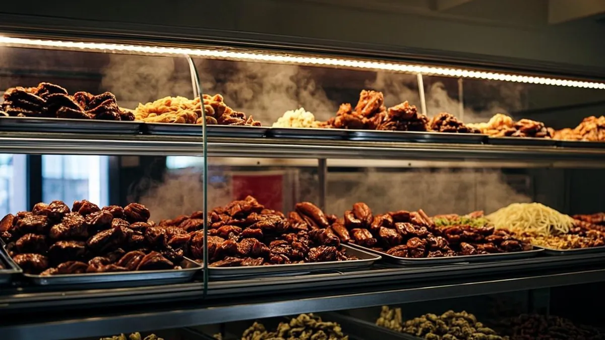 Hot prepared meals behind a glass deli display case