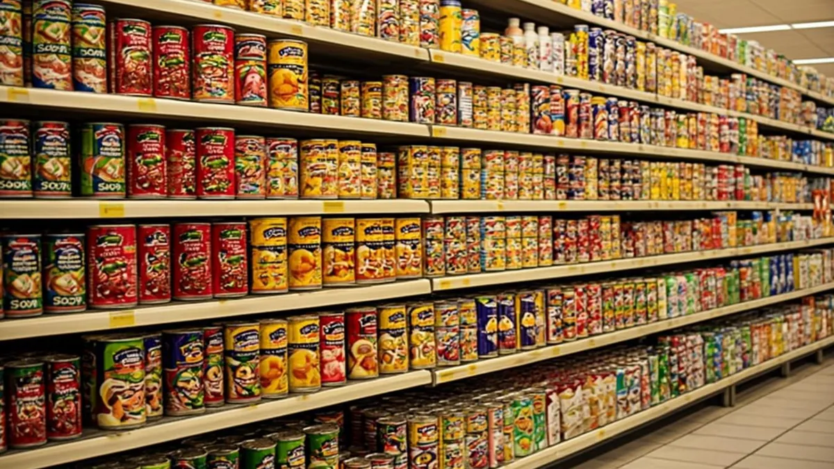 Canned soup shelf stocked with rows of labeled cans