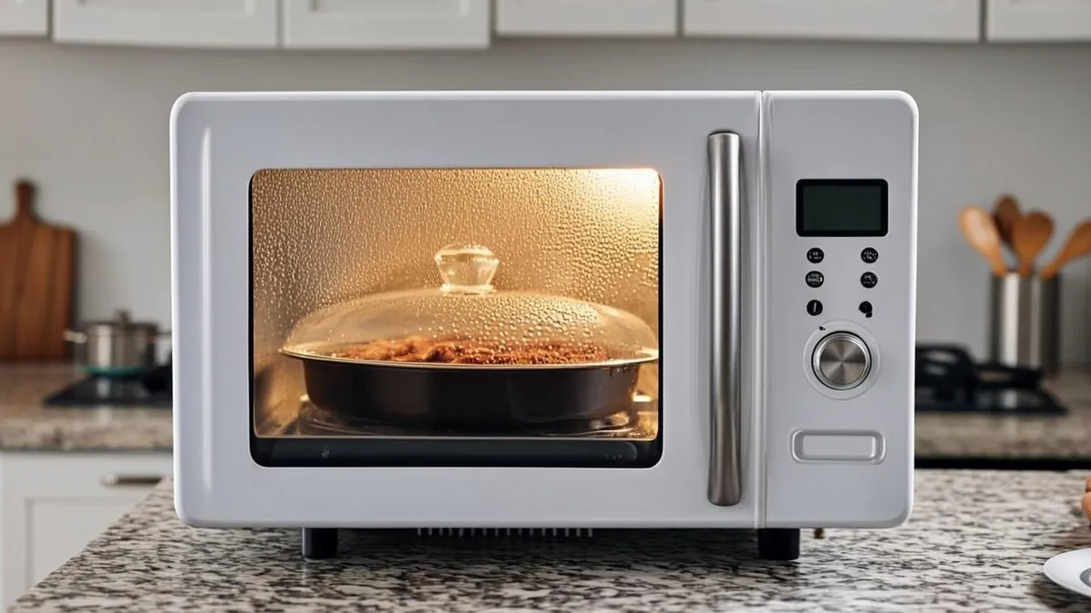 Covered dish heating inside a microwave in a home kitchen