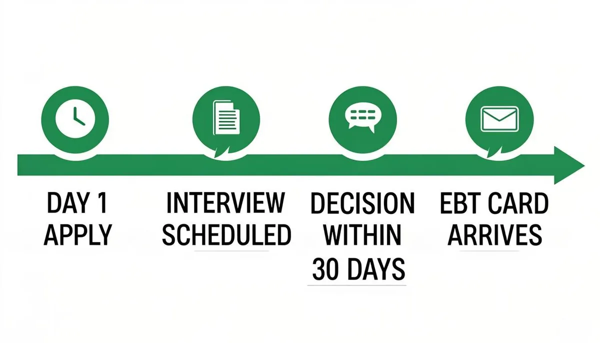 SNAP application timeline from day 1 application to EBT card arrival within 30 days