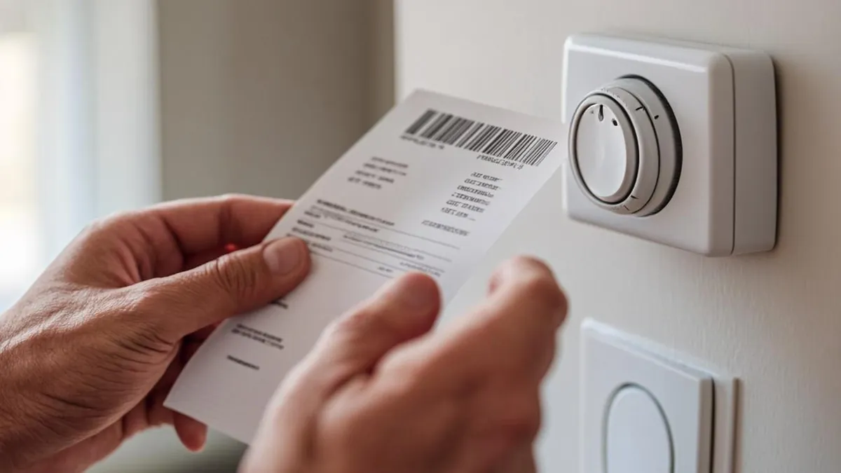 Hands holding a home heating bill next to a wall thermostat