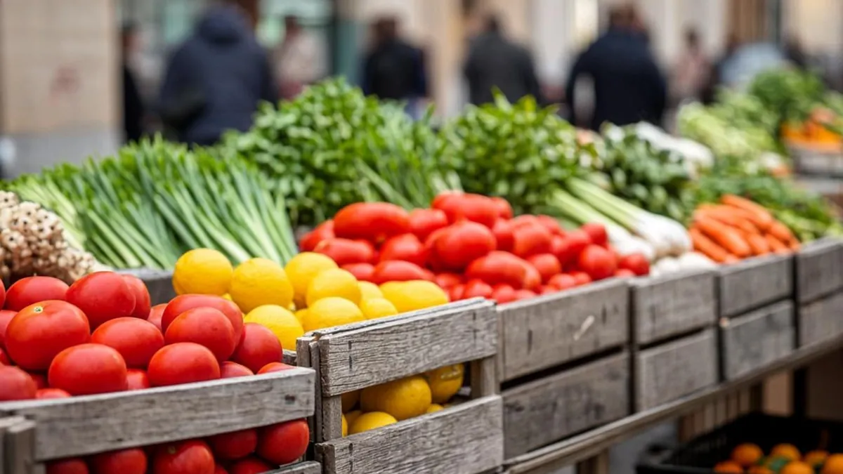 Greenmarket vegetables in wooden crates at a New York City farmers market