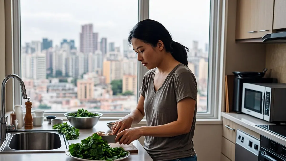 Apartment kitchen meal prep with a city view outside the window
