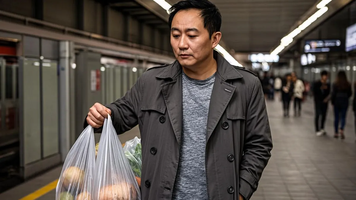 Commuter holding a grocery bag while riding the New York subway