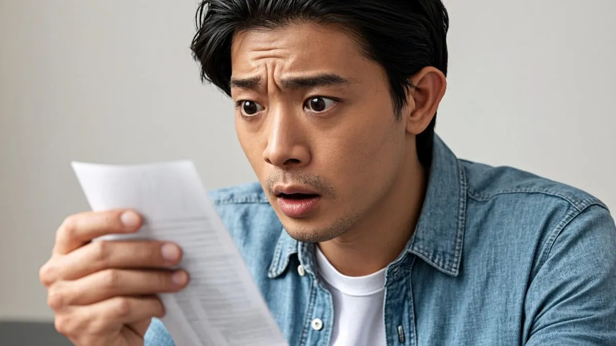 Shopper reading a long grocery receipt with a surprised expression at the store