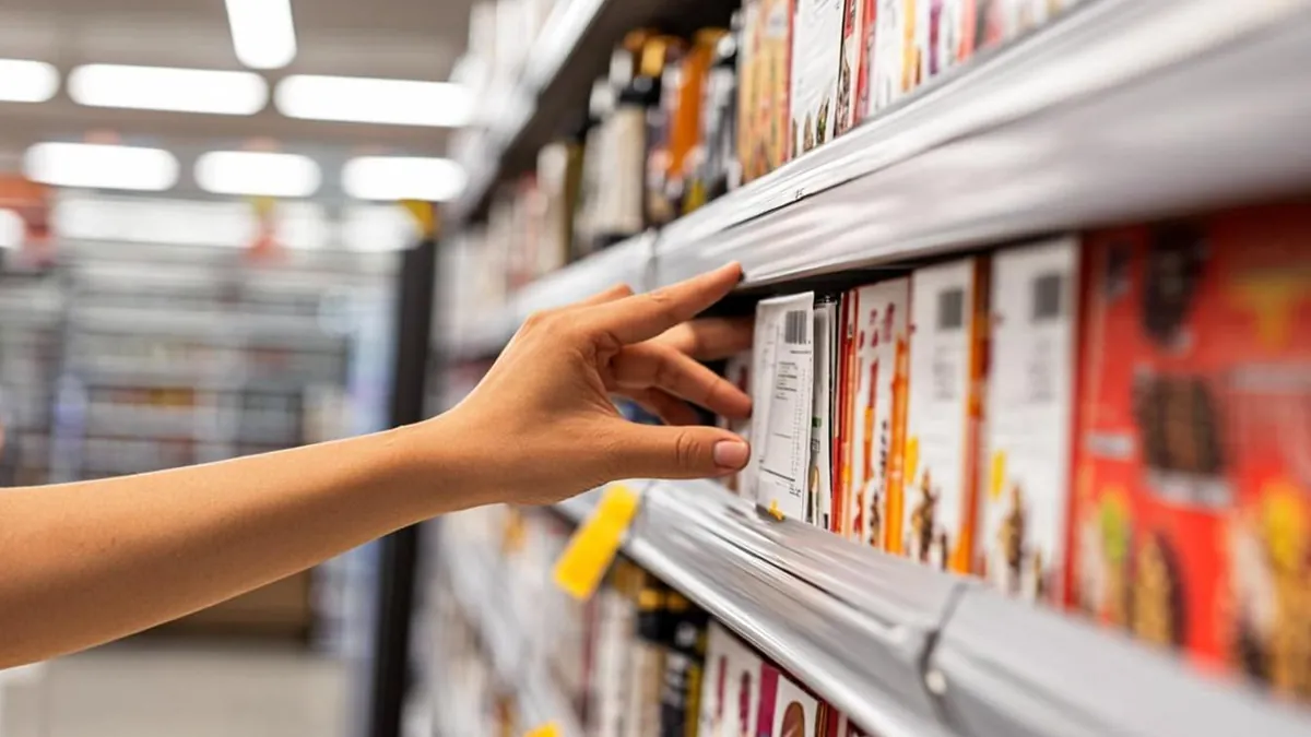 Shopper comparing two price labels side by side on a store shelf