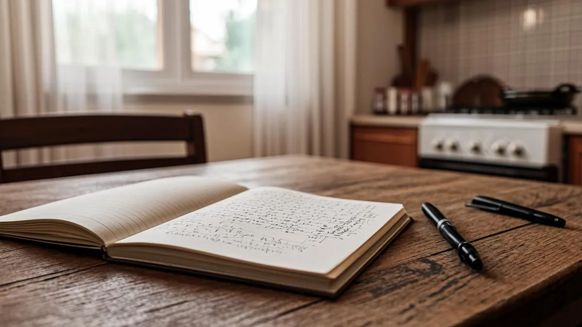 Family planning weekly meals together on a notepad at the kitchen table