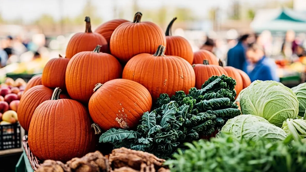 Autumn farm market stand with pumpkins and gourds on display