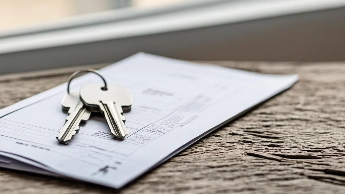 Rent receipt and house keys laid out on a wooden table