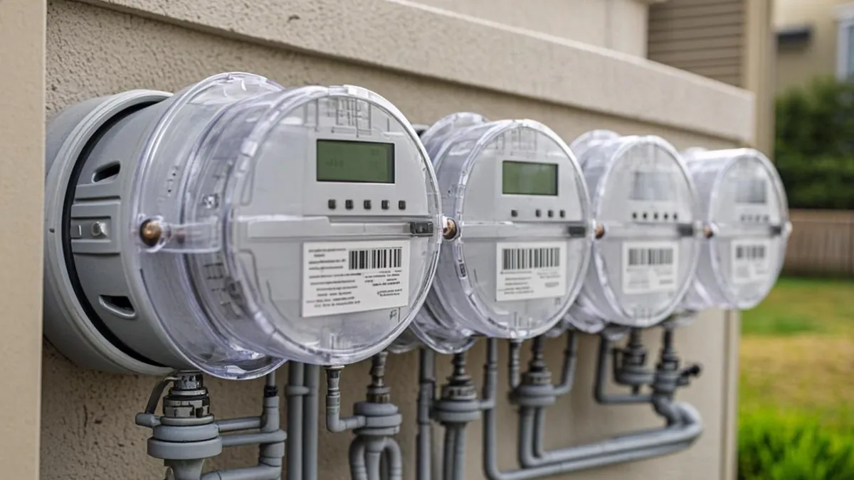 Utility meters mounted on the exterior wall of a house