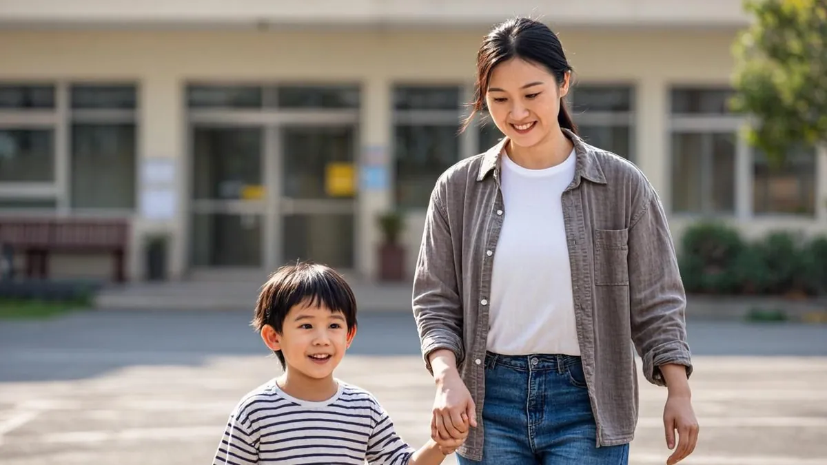 Parent walking a young child to the daycare entrance in the morning