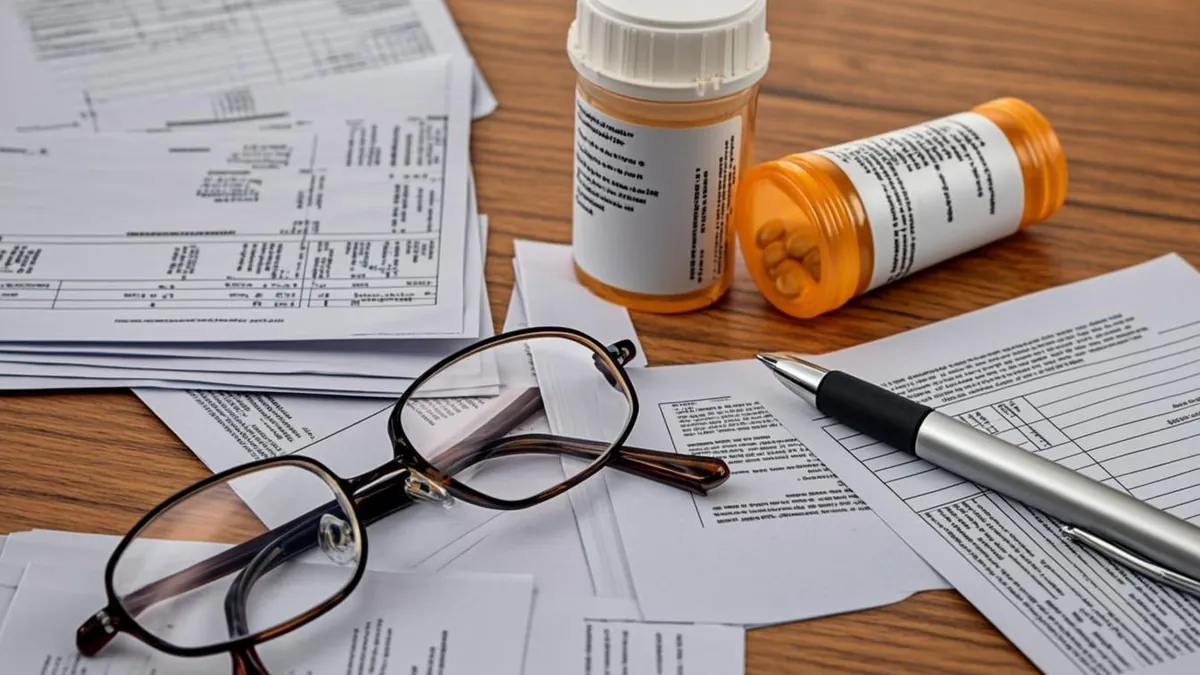 Medical bills and prescription bottles spread across a table at home