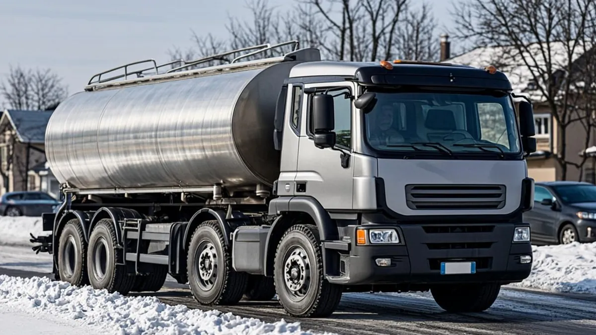Heating oil delivery truck parked on a snowy residential street in winter
