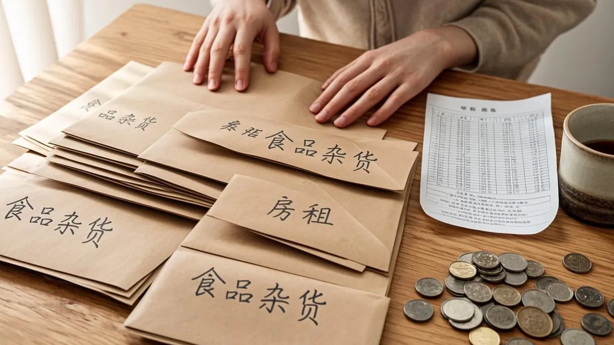 Cash budgeting envelopes next to a handwritten grocery list