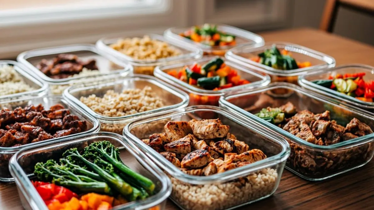 Weekly meal prep containers filled and lined up on a counter