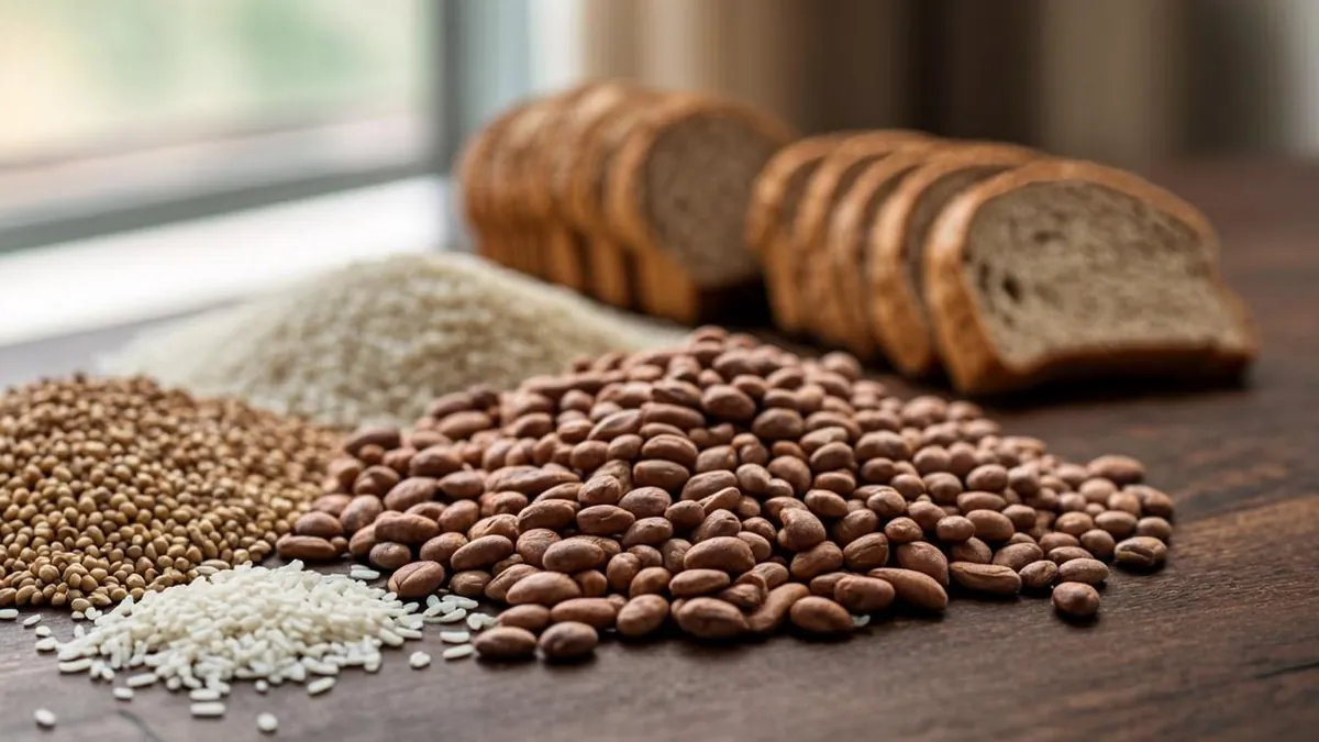 Bags of rice, beans, and bread stacked on a clean kitchen counter