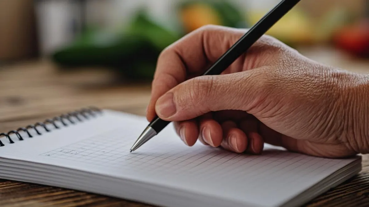 Hands working through a tight monthly food budget on a notepad