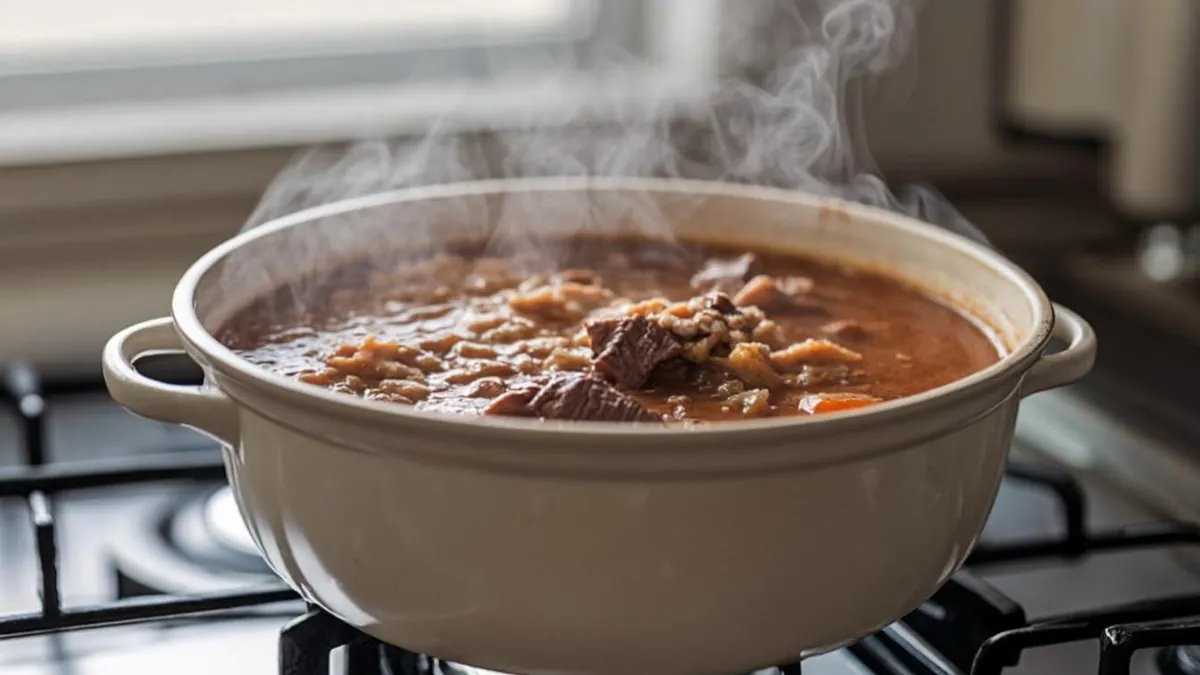 Pot of homemade soup simmering on a stovetop in a small kitchen