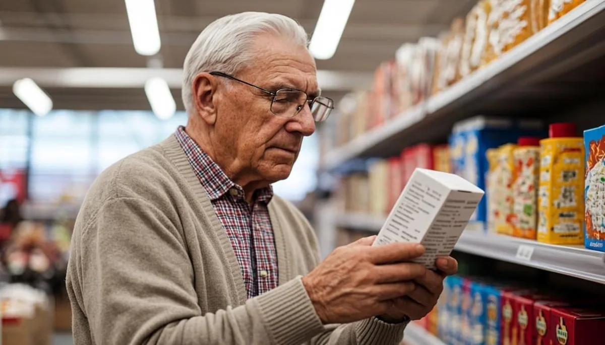 Senior comparing food labels while shopping