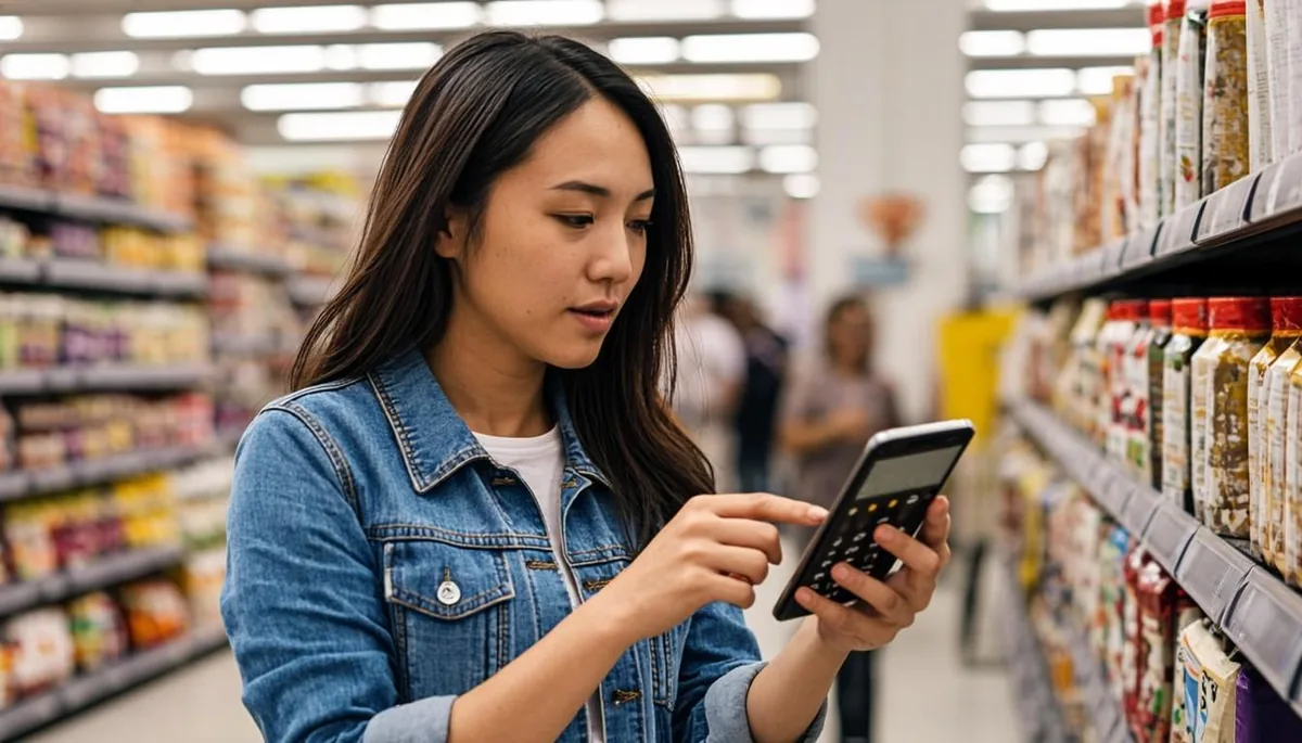 Shopper comparing grocery prices with a smartphone calculator