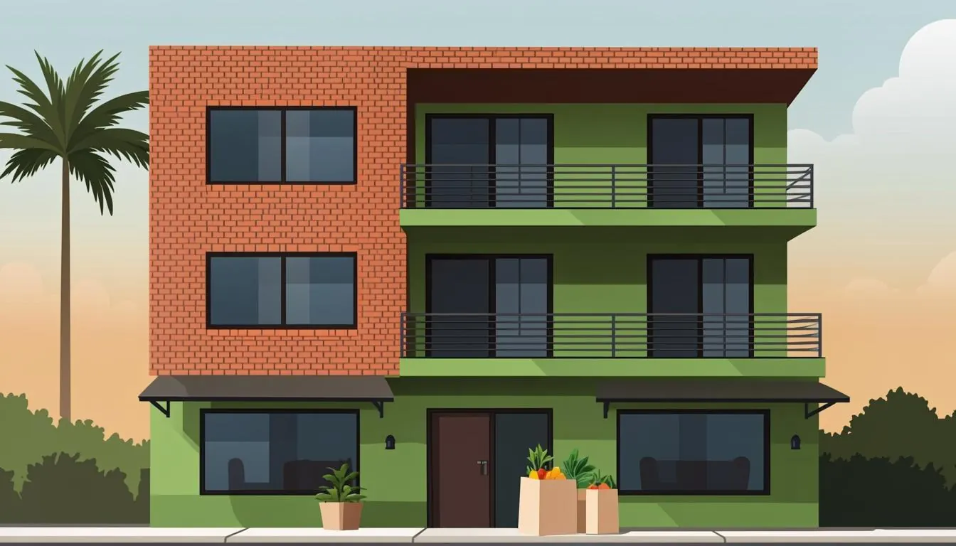 Apartment building with grocery bags on a sunny California street