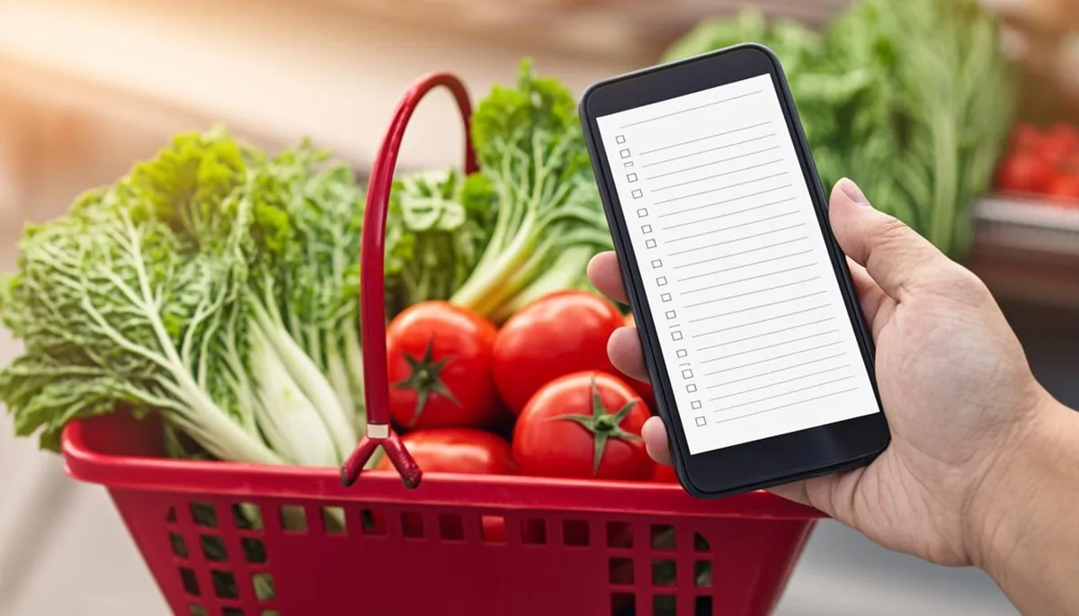 Smartphone shopping list beside a basket of fresh vegetables