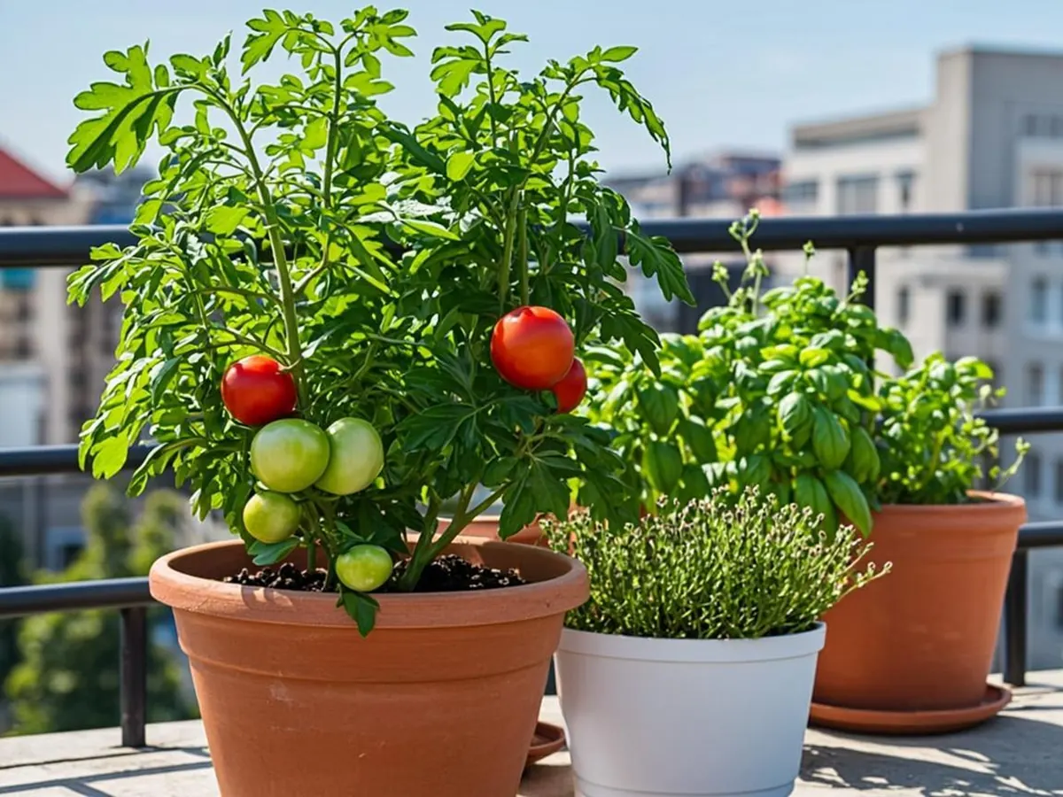 Seed packets and young vegetable plants on a balcony garden