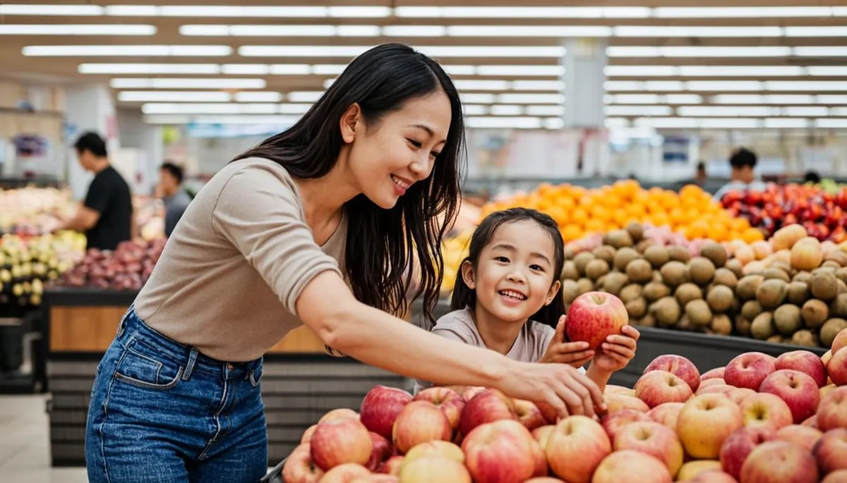 Mother and child choosing fresh fruit in the produce aisle