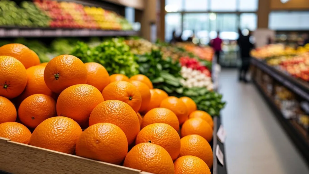 Shopper browsing a grocery store produce aisle filled with fresh oranges