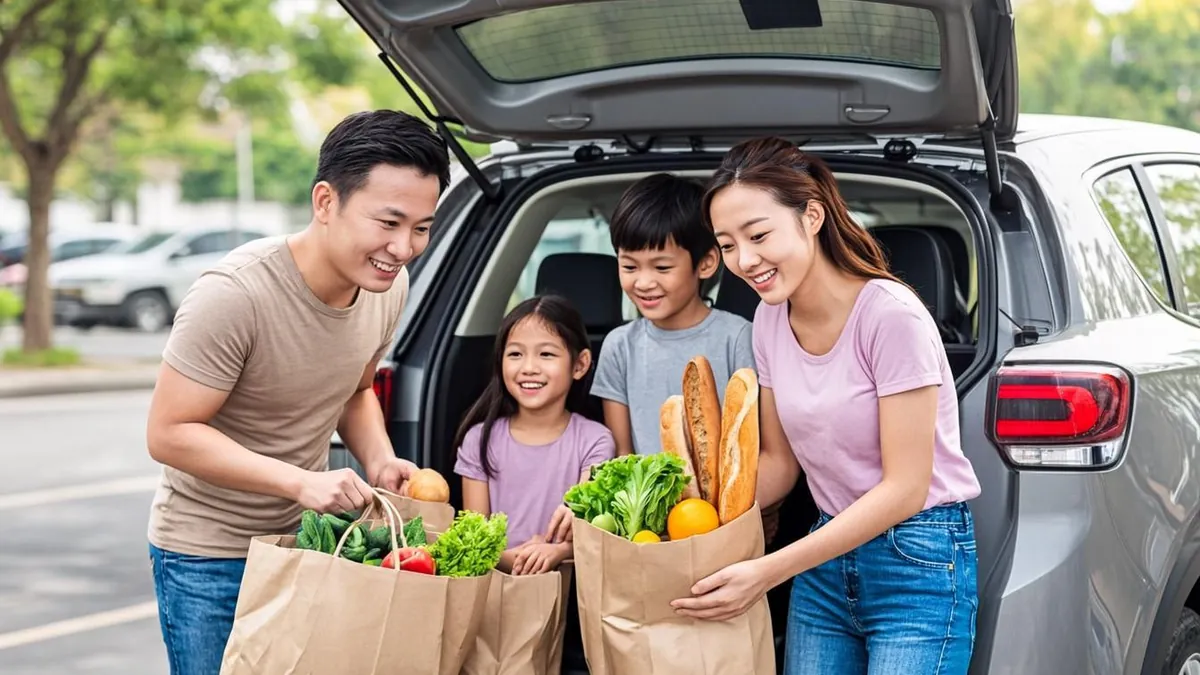 Family loading paper grocery bags into the back of their car