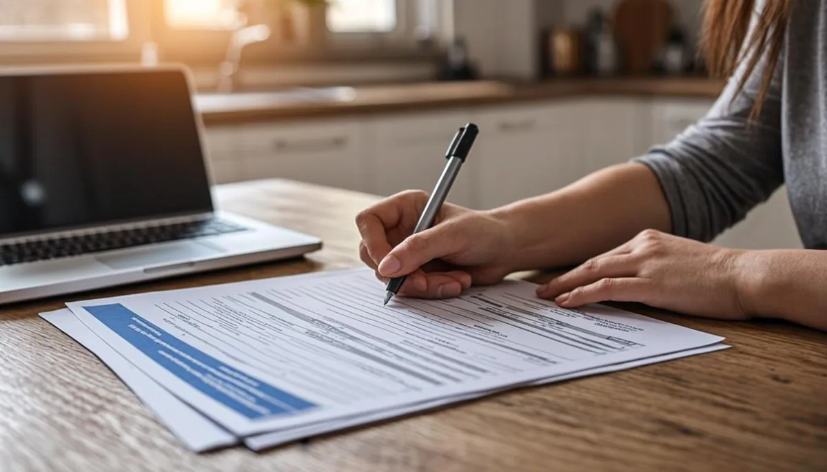 Filling out a SNAP benefits application form at a kitchen table