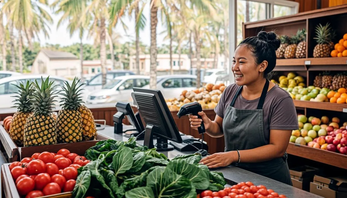 Tropical produce at a Hawaiian market checkout