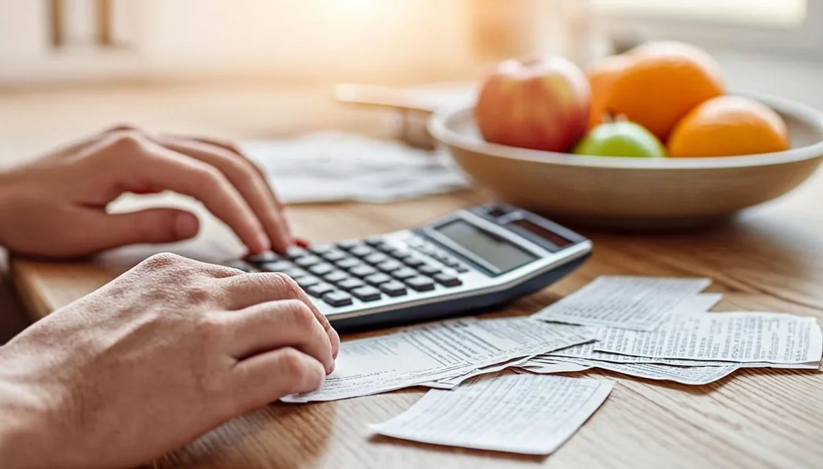 Hands using a calculator beside grocery receipts and a bowl of fruit on a wooden table