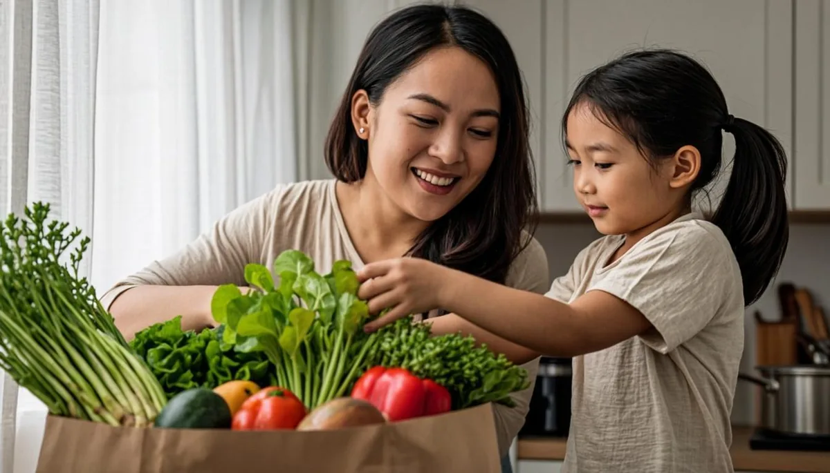 Mother and child unpacking paper grocery bags with fresh produce on a kitchen counter
