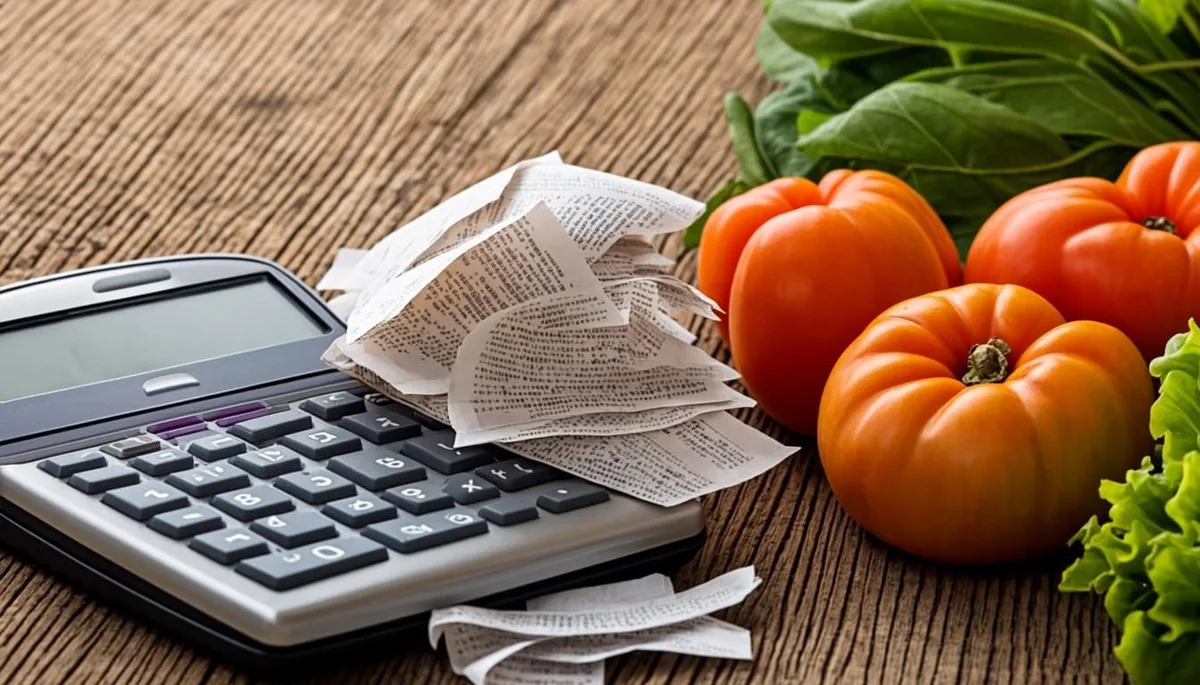 Calculator and grocery receipts on a kitchen table
