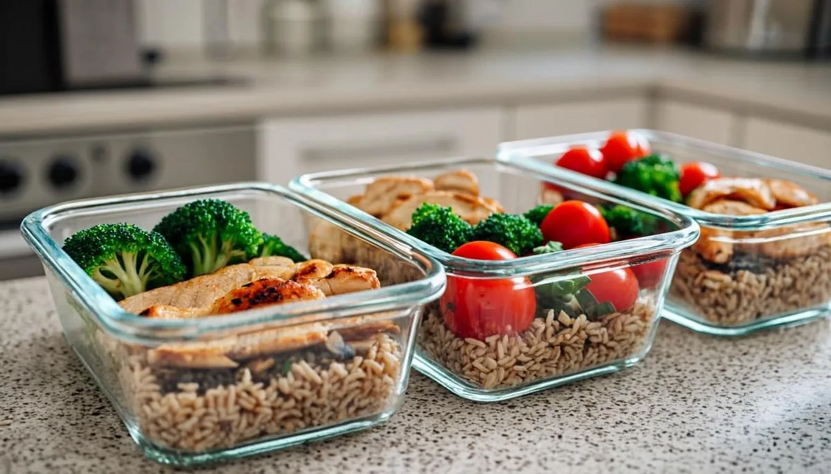 Healthy budget meals prepped in glass containers