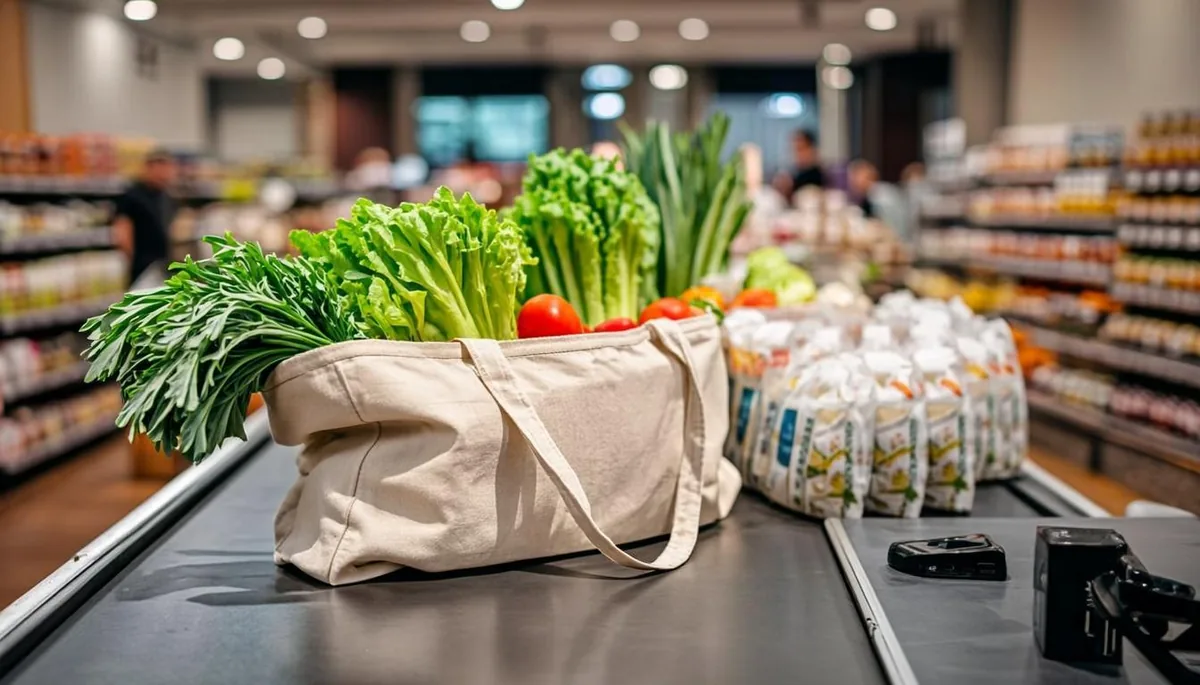 Fresh groceries being packed at a checkout counter