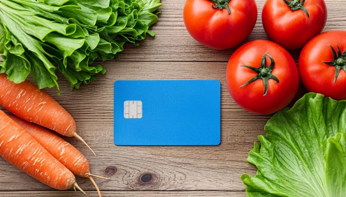 Debit card and fresh groceries on a kitchen table