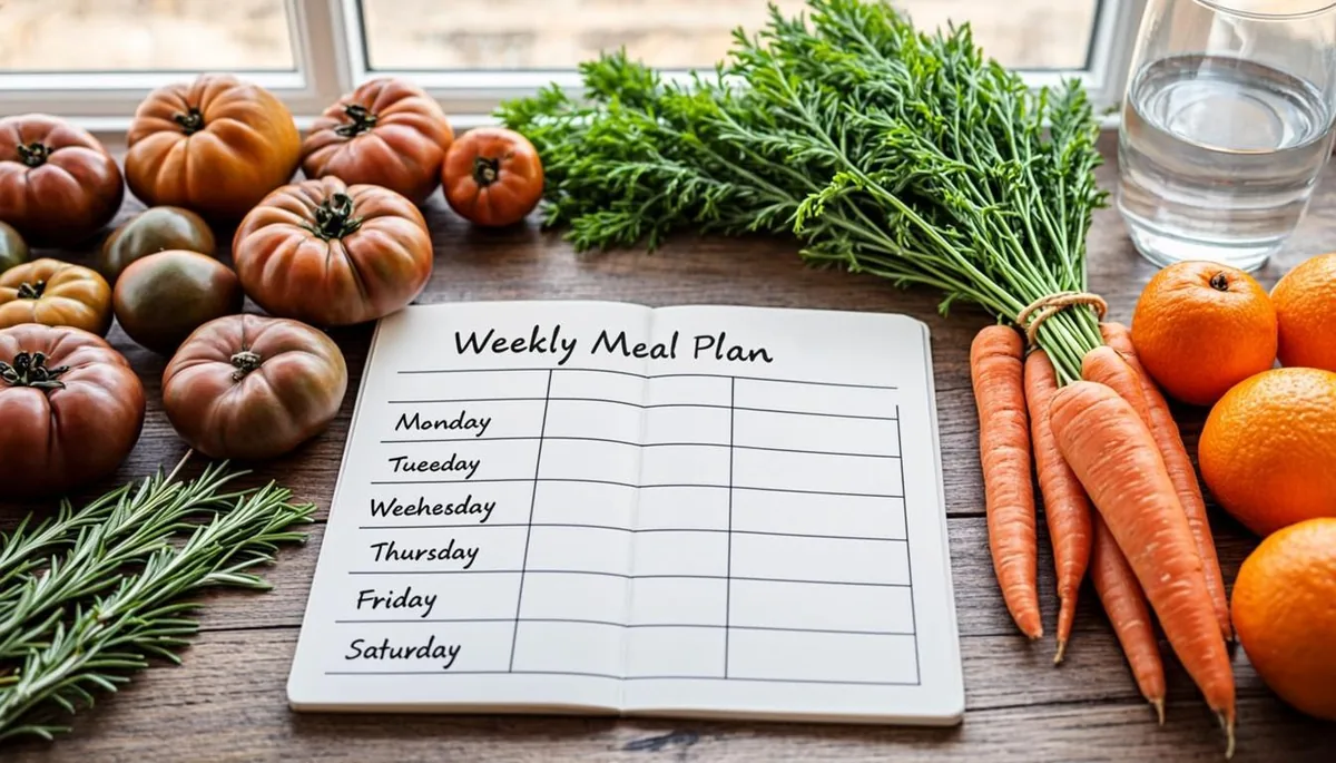 Weekly meal plan with fresh vegetables and fruits