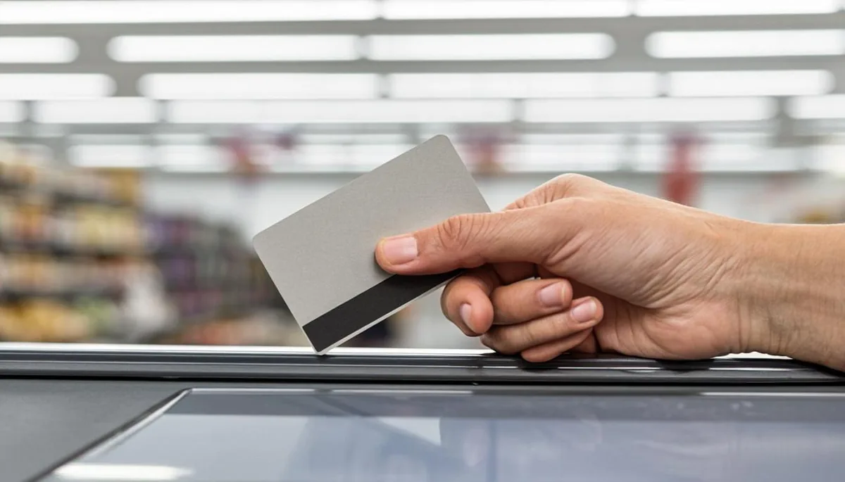 Shopper checking an Ohio Direction Card balance on a smartphone at a grocery checkout