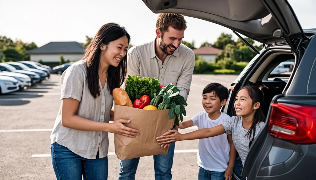 Family loading grocery bags with fresh food into a car after an Ohio SNAP shopping trip