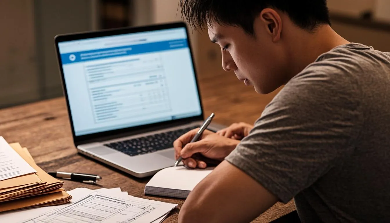 Person completing an online SNAP application at a kitchen table in Pennsylvania