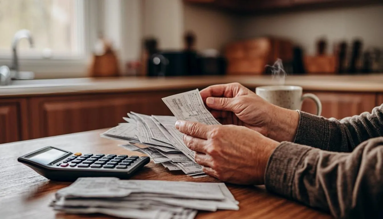 Kitchen table with grocery receipts and a calculator before running a Pennsylvania SNAP estimate