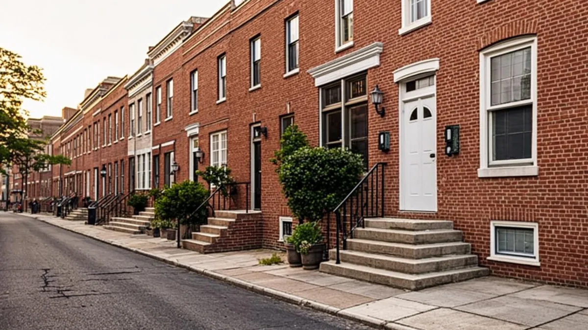 Row of brick Philadelphia rowhouses on a sunny residential street