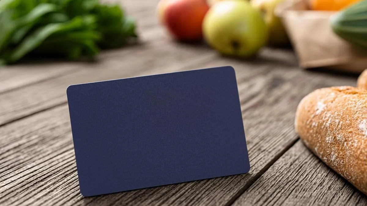 Plain blue EBT benefits card lying next to bagged groceries