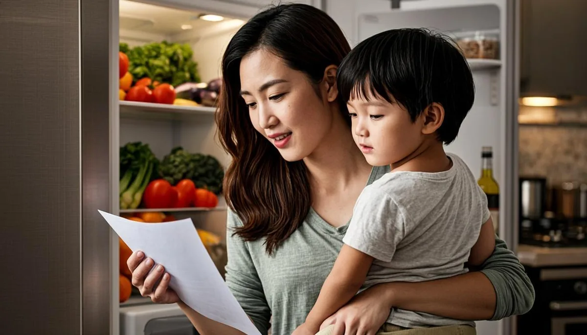 Senior woman reviewing medical receipts and paperwork with a calculator at her kitchen table
