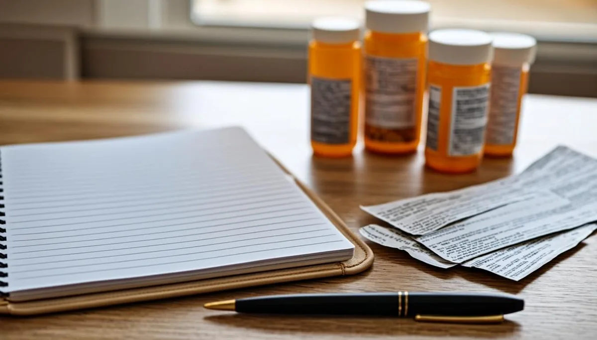 Prescription medicine bottles and pharmacy receipts arranged on a kitchen table beside a notepad